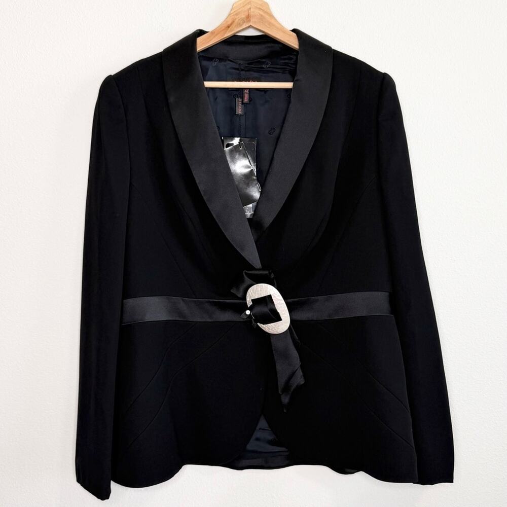 NWT Escada Black Wool & Silk Tuxedo Blazer Satin Lapel Belted Waist Size 44